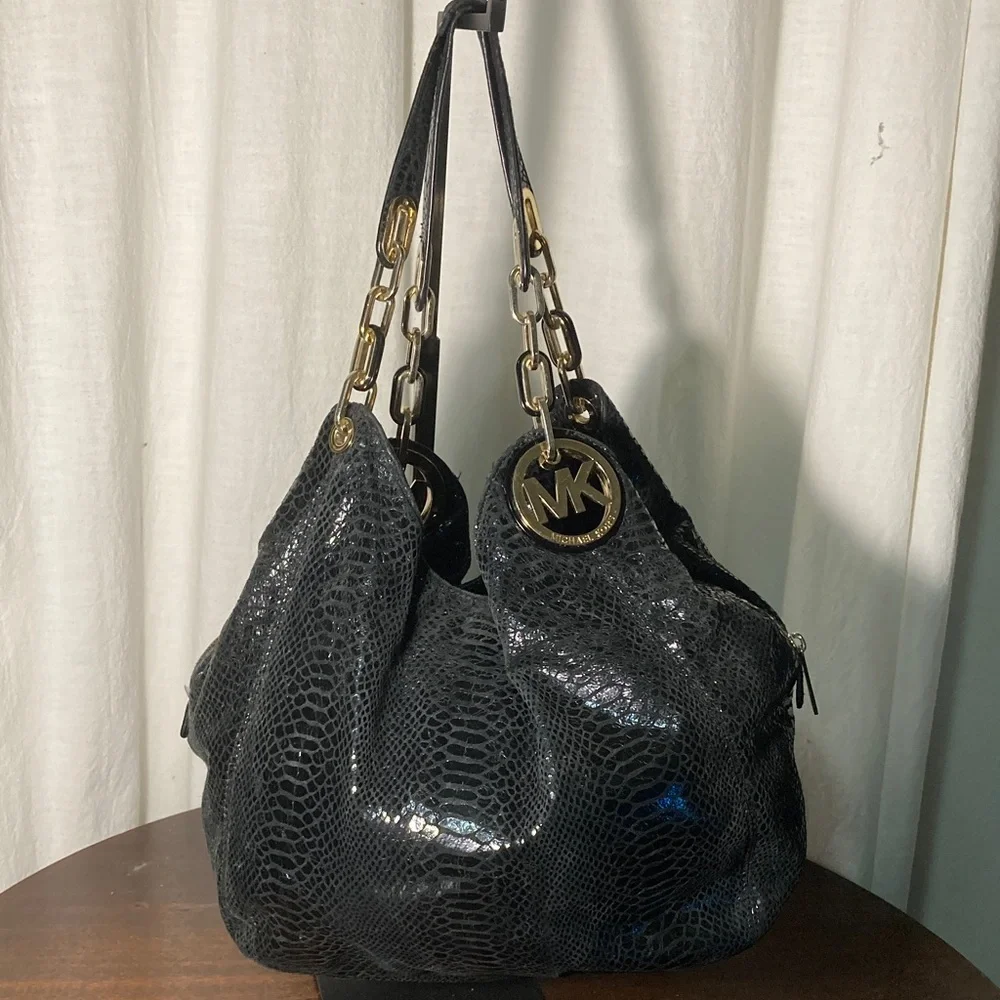 Michael Kors Black Fulton Snake-Embossed Hobo Bag with Gold Hardware